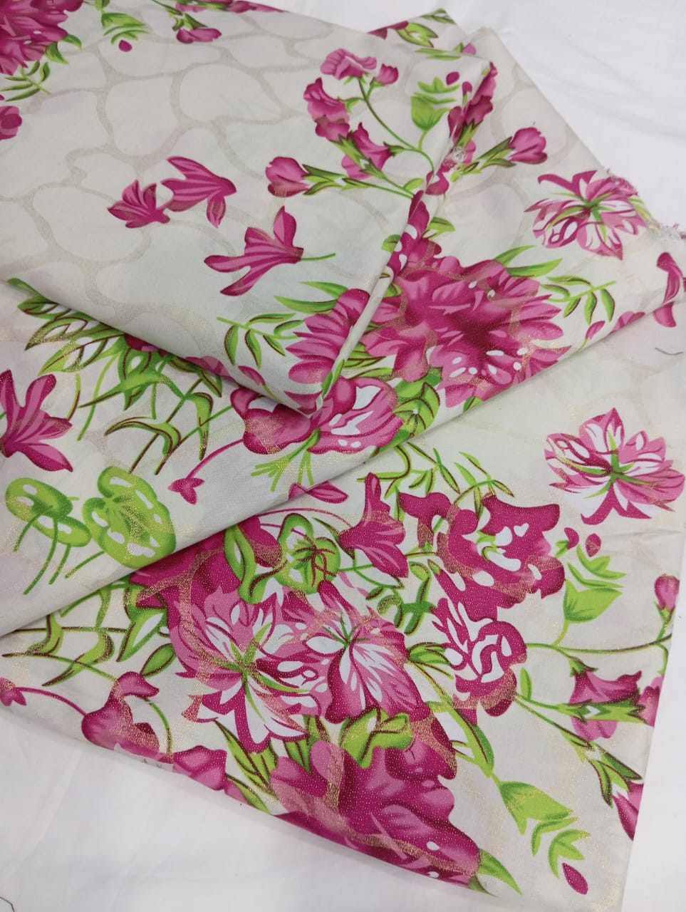 Unstitch winter fancy cotton  allover 3 piece suit dupatta shirt and trouser.