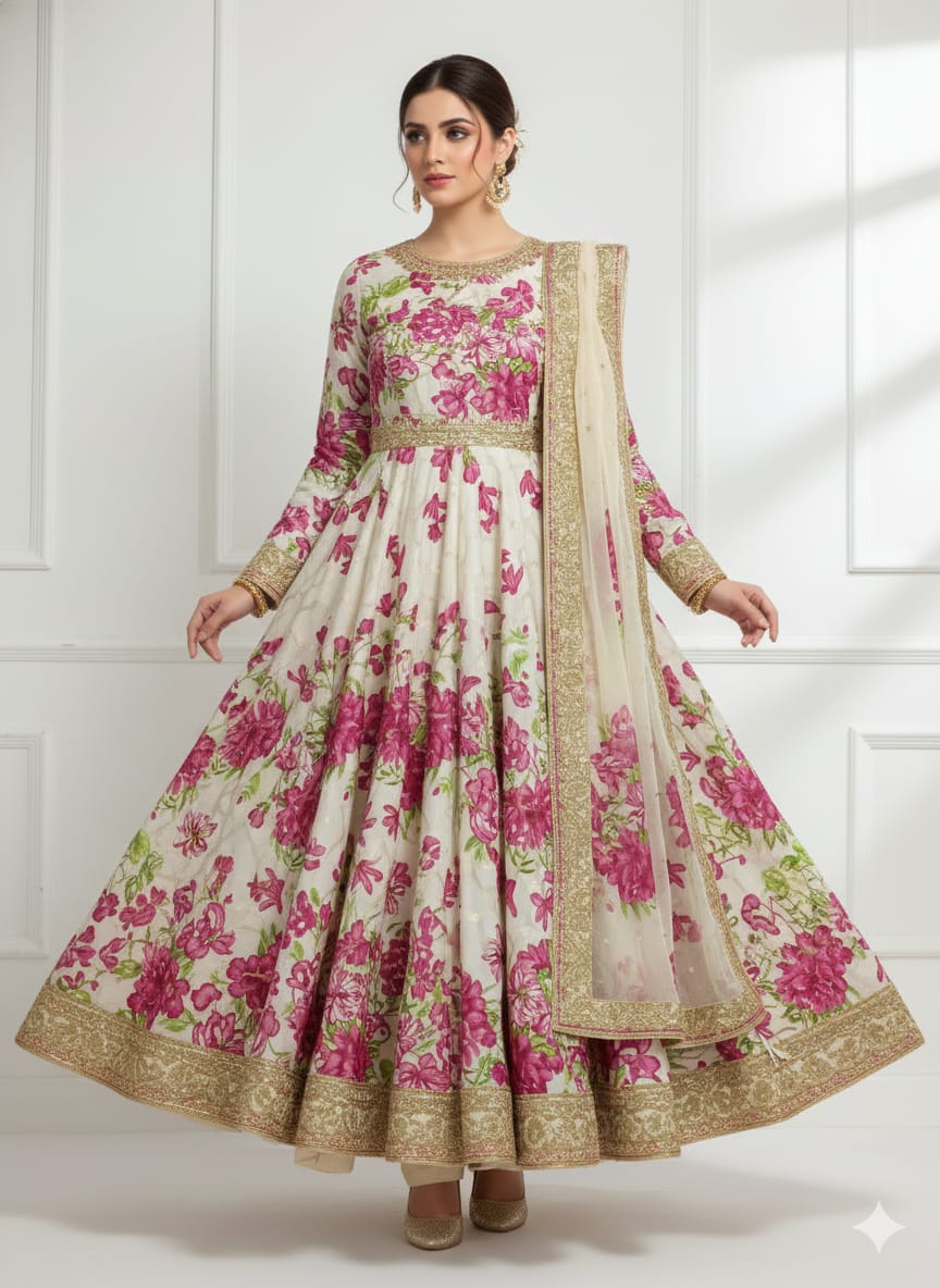 Unstitch winter fancy cotton  allover 3 piece suit dupatta shirt and trouser.