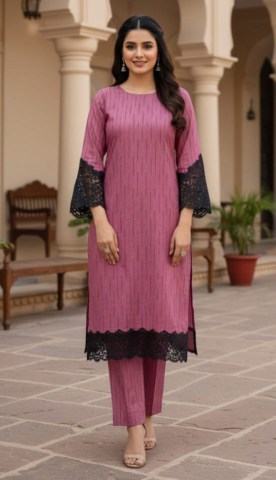 Unstitch winter cotton with self design allover 2 piece shirt and trouser.