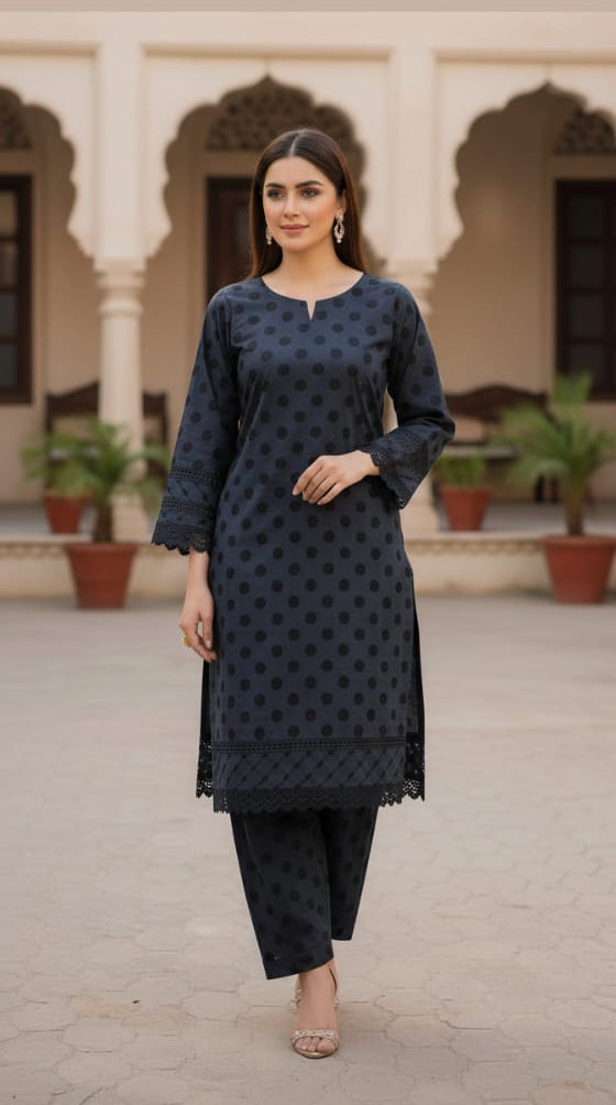 Unstitch winter cotton with jecard work allover  2 piece suit shirt and trouser